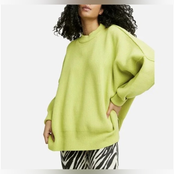 Free People Womens Easy Street Ribbed Knit Tunic Sweater Top Med Citron Green - Picture 4 of 13